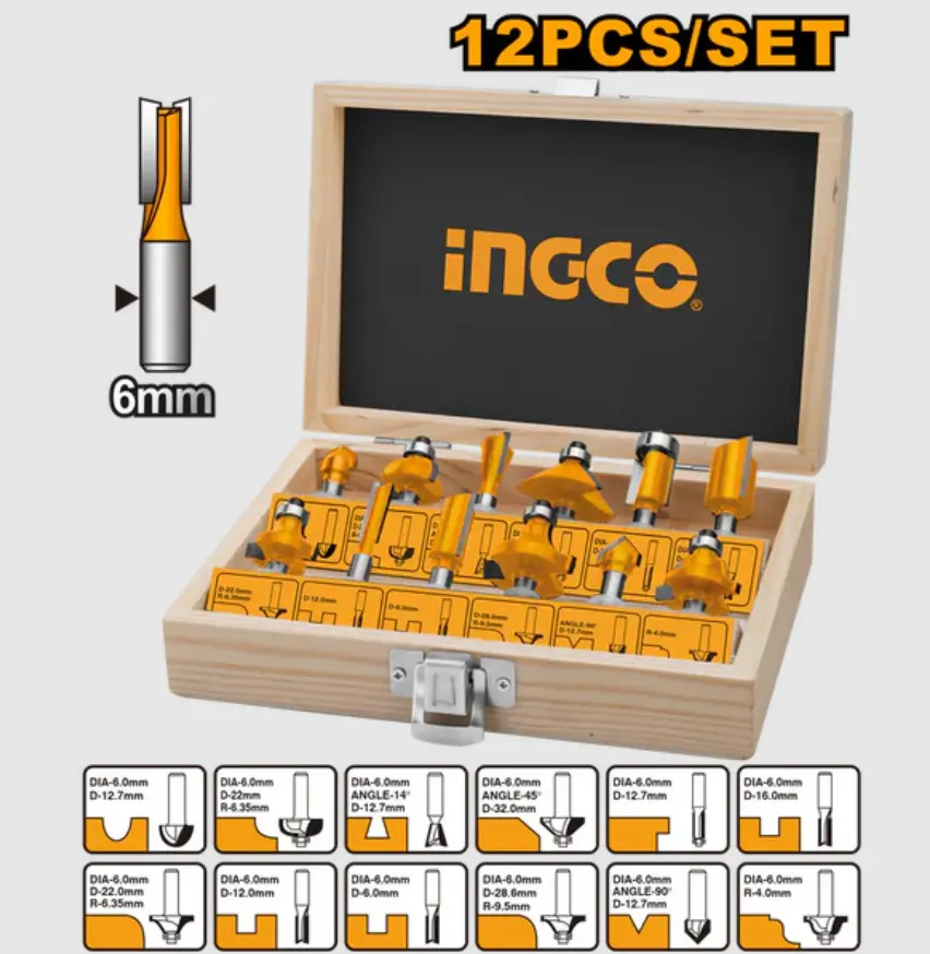 ROUTER CARBIDE BIT SET - 12PCS X 8MM INGCO AKRT1201