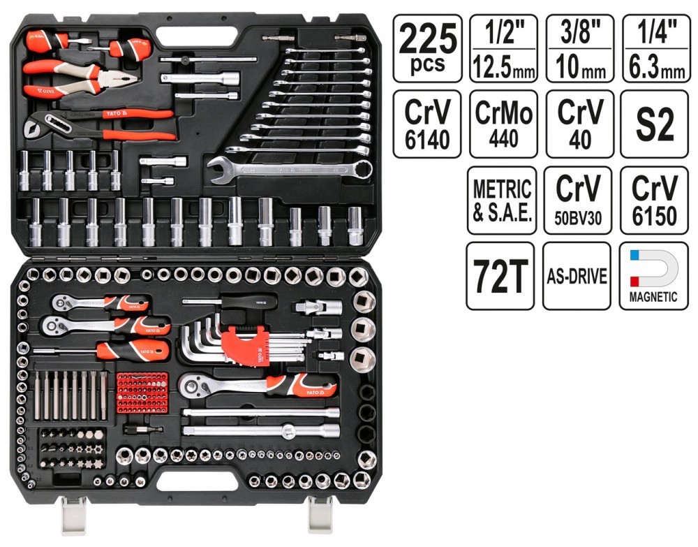 YATO SOCKET SET 1/4'' , 3/8'', 1/2'' X 225PCS - YT38941